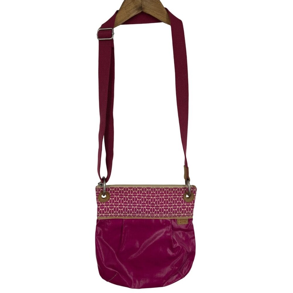 Fossil Key Womens Waxed Coated Pink Crossbody Purse Shoulder Bag Leather Trim